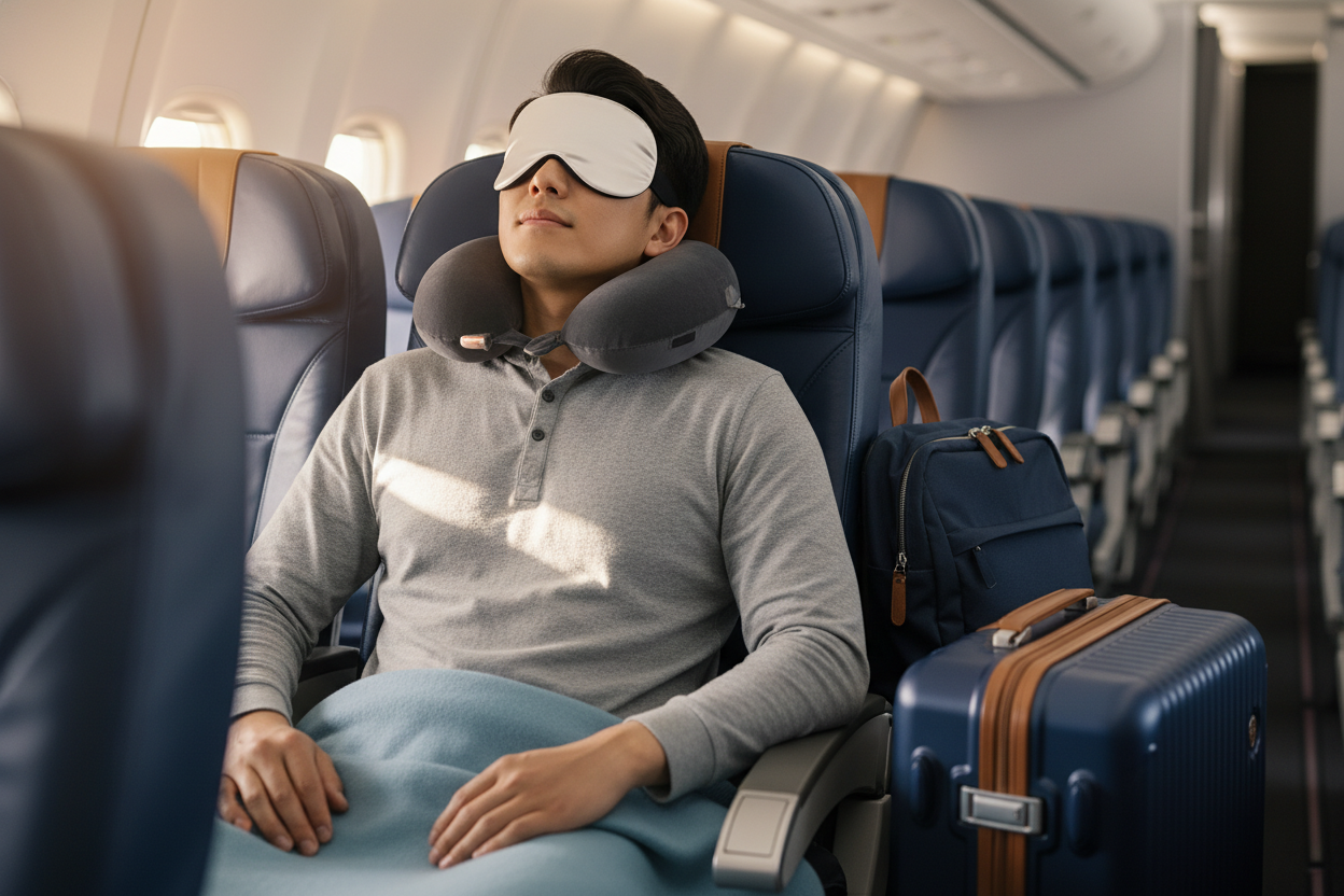 A professional lifestyle photograph of a young traveler sitting on an airplane seat, using a memory foam neck pillow and 3D silk eye mask, luggage beside, soft natural lighting, spacious composition, minimalistic and clean background suitable for full-width website banner, 1920x1080 resolution, high-quality, realistic, e-commerce ready
